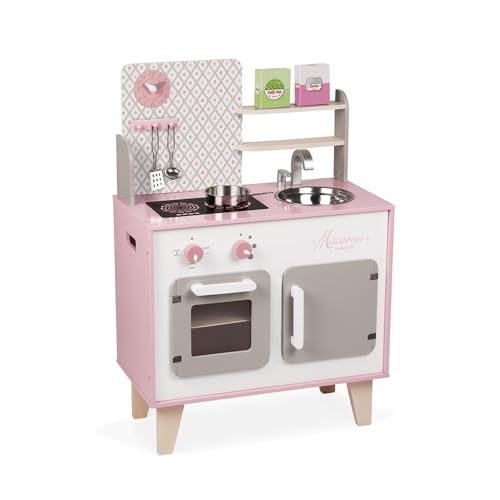 Janod - Cocina Infantil de Madera Macaron - Equipada con Nevera y Microondas - Con Sonidos - Imitación y Desarrollo - 5 Accesorios Incluidos - Desde 3 años, J06567, Rosa y Blanco