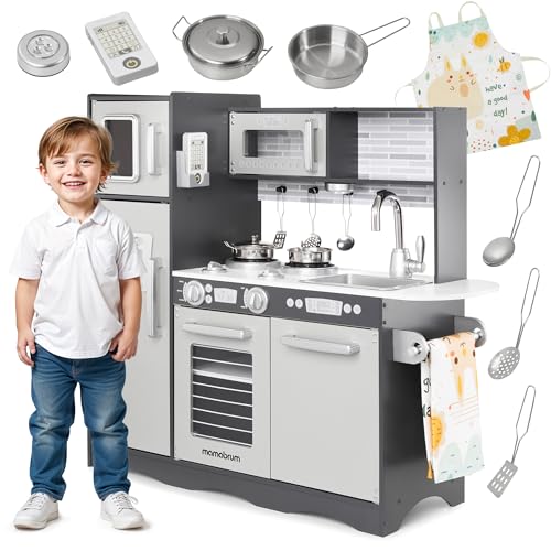 Mamabrum Cocinita de Juguete con LED para Niños - Set Accesorios Cocina Juguetes con Horno, Microondas y 2 Fogones - Comida de Juguete para Cocinita - Gris Natural, 82x60x30cm