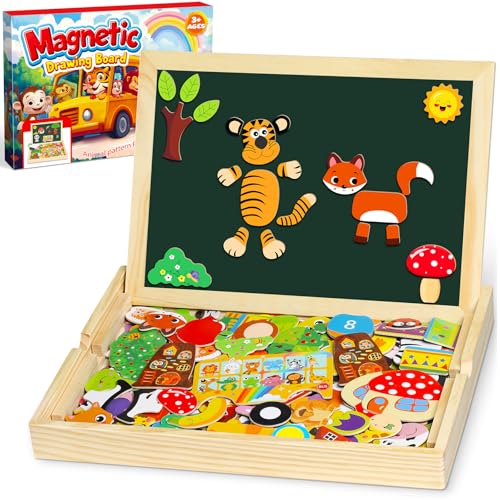 Jojoin 130 pcs Puzzles de Madera - Nueva Juguetes Montessori con Pizarra Magnética y Lindo Patrón Fruta de Animales - Juguete Educativo para NIños de 3 4 Años