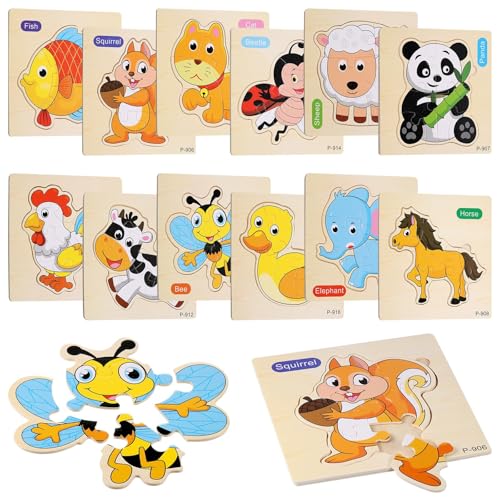 Huiguli puzzles de madera de 12 piezas para niños de 2 años, encajes Montessori sencillos