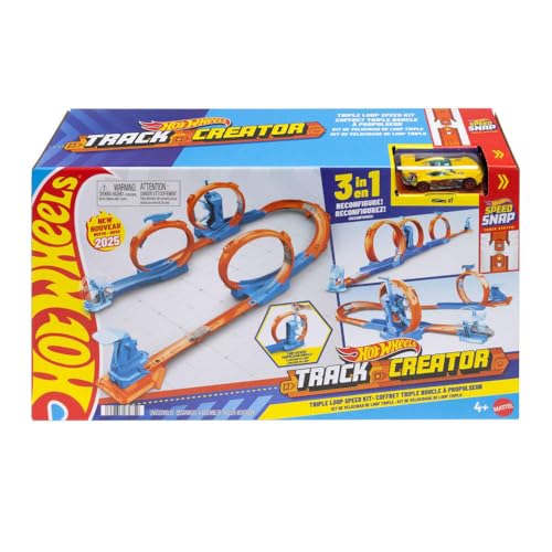 Hot Wheels Pack de triple looping Conjunto de pista con coche de juguete, conjunto con vehículo a escala 1:64 y componentes de construcción con 3 loopings, pistas Speed Snap y adaptadores, JDW39