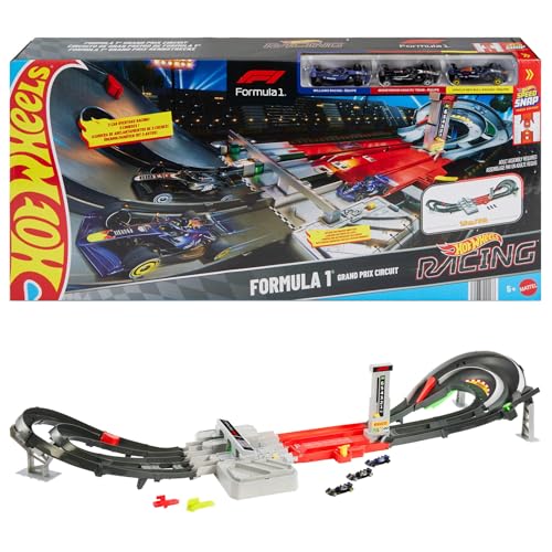 Hot Wheels Conjunto de pista de coches de juguete, Circuito de Gran Premio de Formula 1 con 3 coches de juguete metálicos a escala 1:64, dos modos de carrera con un propulsor motorizado, JLB13