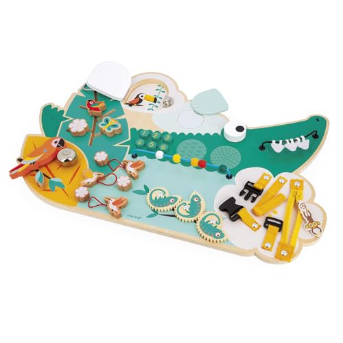 Janod Busy Board Croco - Tablero de Actividades - Tema Animales de la Selva - 14 Actividades - Juguete Infantil para Niños y Niñas - Desarrolla la Motricidad Fina - A Partir de 18 Meses
