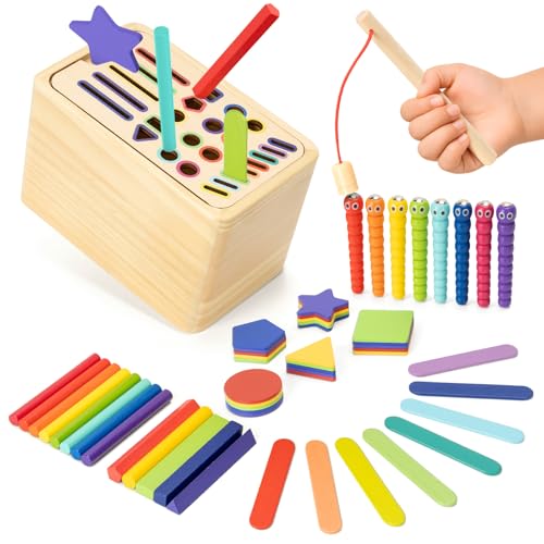 Funsland juguete Montessori 4 en 1 de madera para peques de 2 años, pesca magnética y formas
