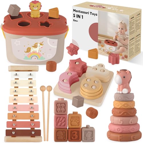 Almaxi juguetes Montessori 5 en 1 para bebés 6-12 meses con madera y xilófono