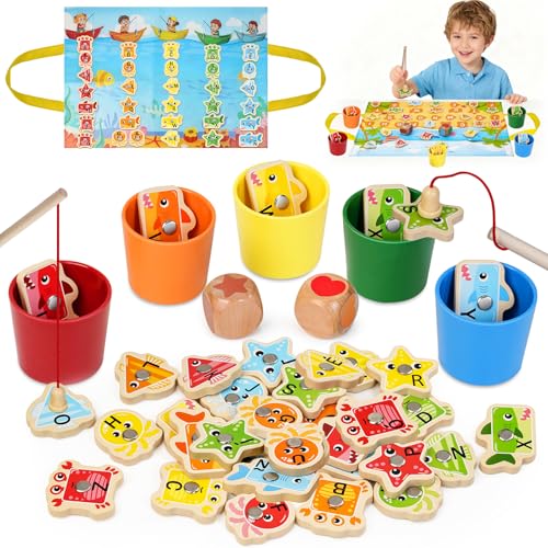 Juego de pescar de madera Lubolee con animales marinos y tazas apilables