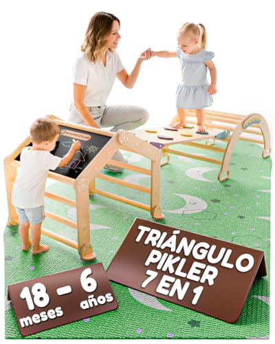 WOODESSORI Triangulo Pikler Plegable 7 en 1 con Pizarra - Gimnasio Bebe Montessori para Niños - Triangulo Escalada Montessori + Balancin Madera Montessori + Rampa Escalada Bebe